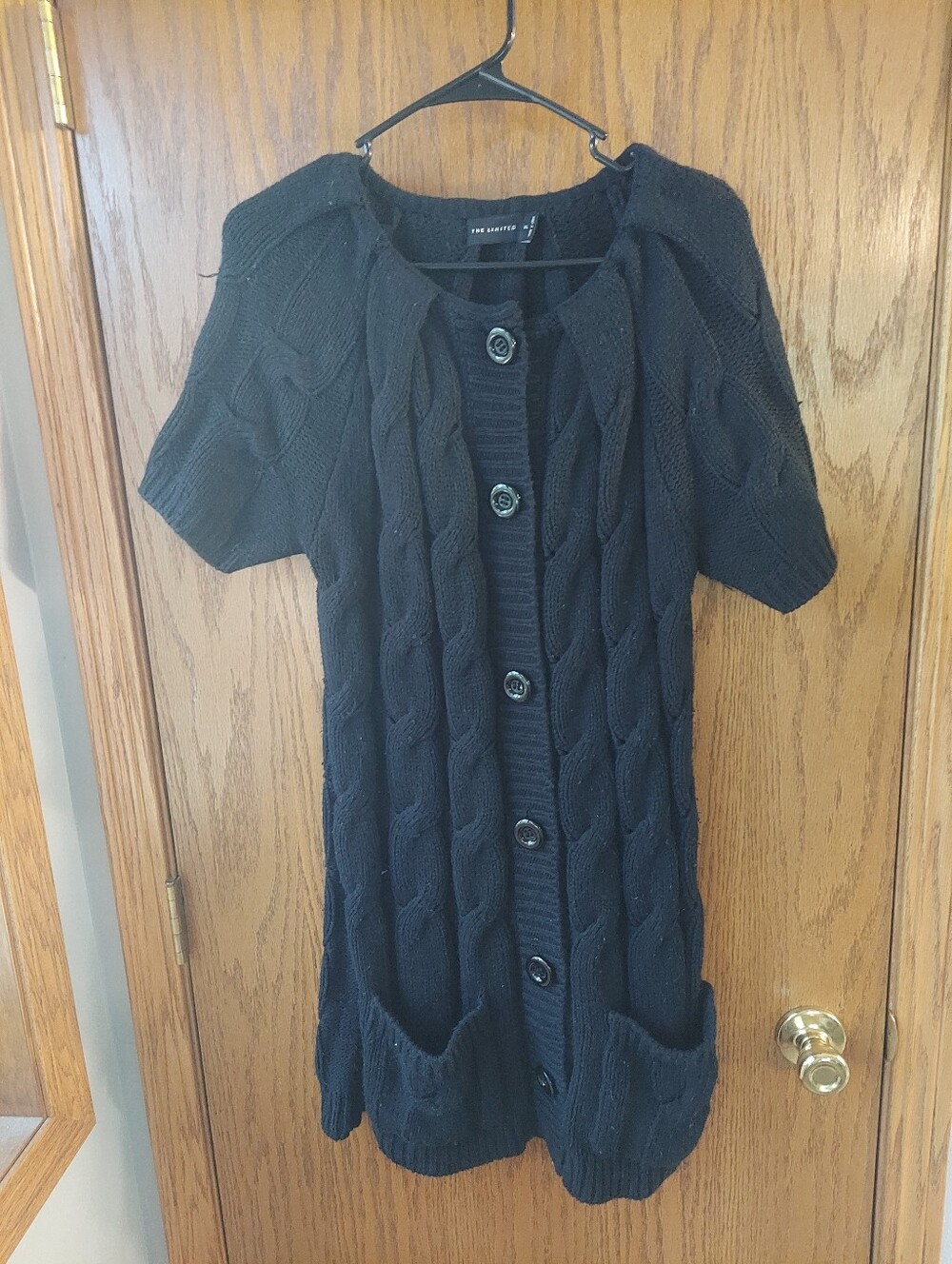 The Limited Black Cable Knit Short Sleeve Button Front Long Cardigan XL | Pocket